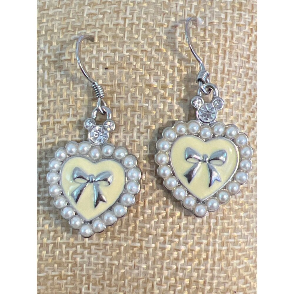 Disney Heart Shaped Earrings Hidden Mickey Silver Tone Enamel Faux Pearls Bow